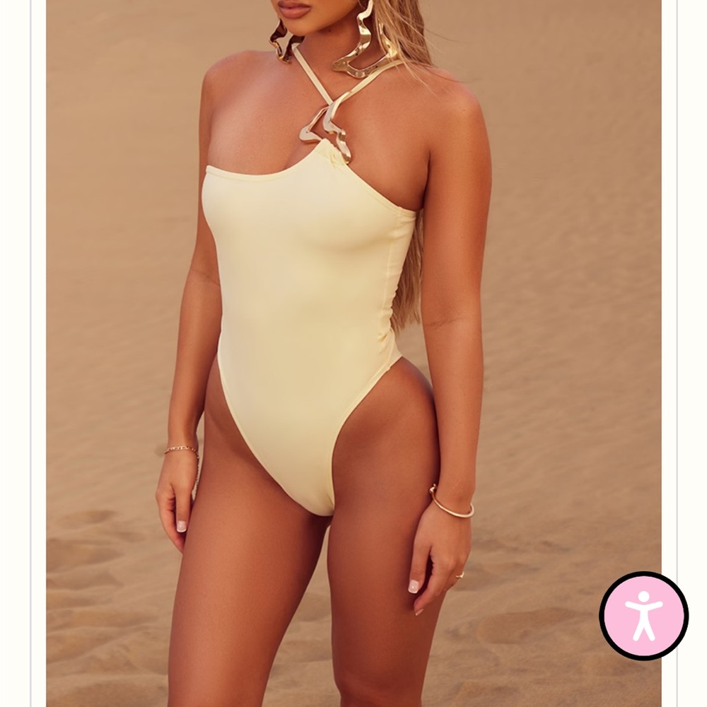 SAND GOLD TRIM ASYMMETRIC SWIMSUIT